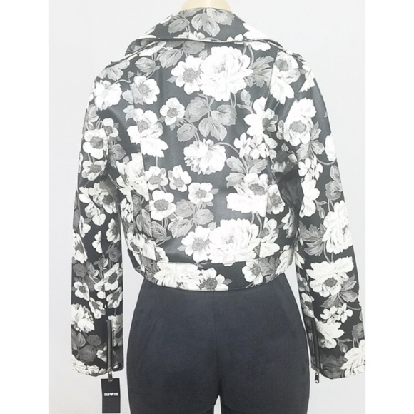 🔥SOLD🔥Sam Edelman Gray Black White Vegan Leather Floral Moto Jacket Size S NWT - Picture 7 of 9